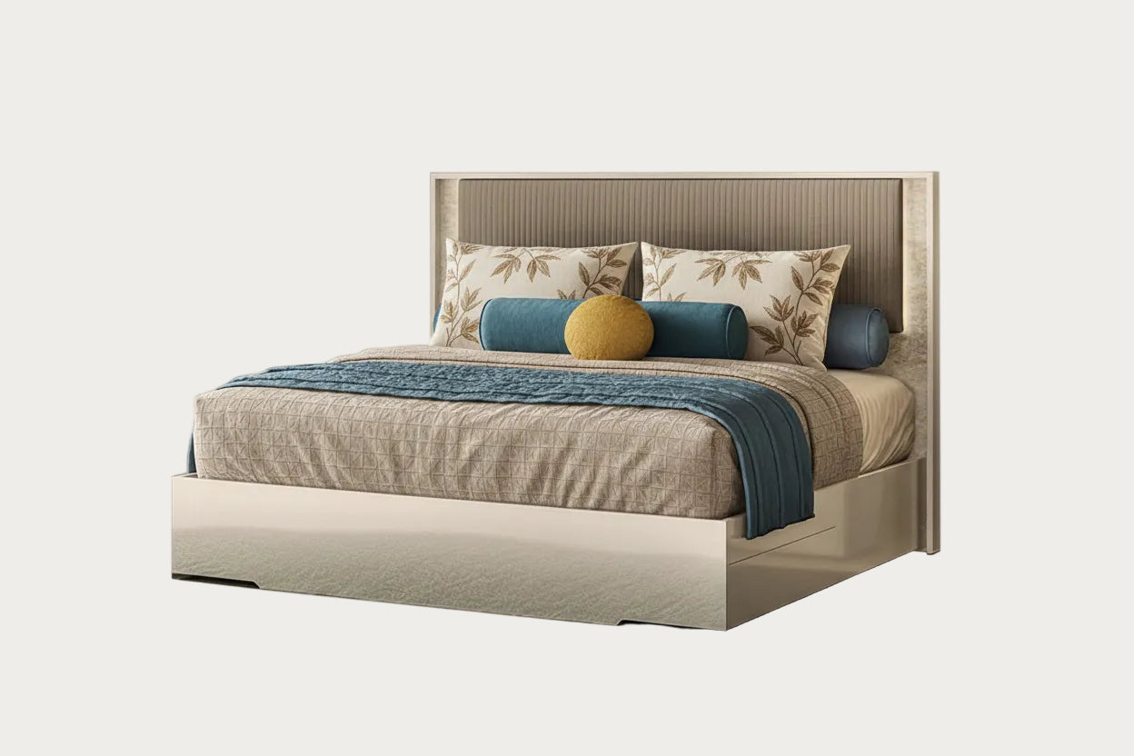 Tullia bed with brown bedding and decorative pillows on a white background.