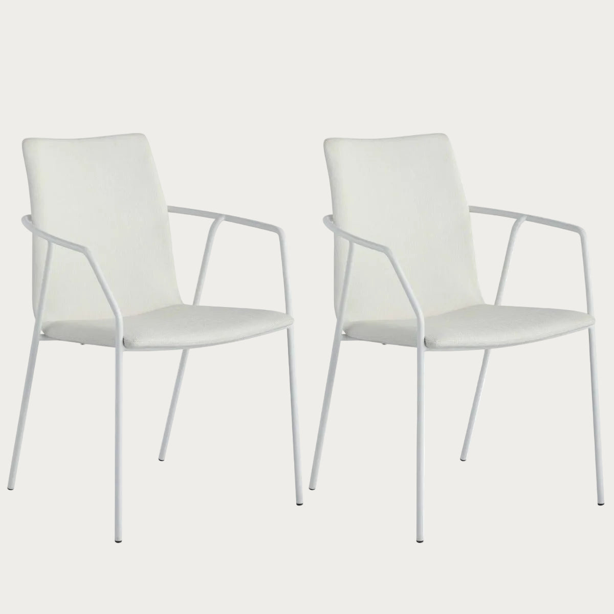 Two Alicia white side chairs with metal frames on a white background