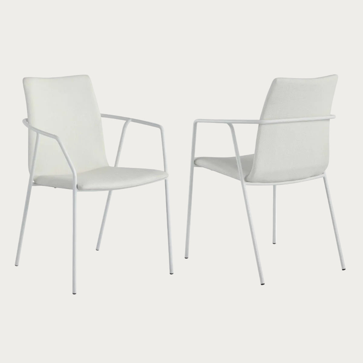 Two Alicia white chairs with metal frames on a white background