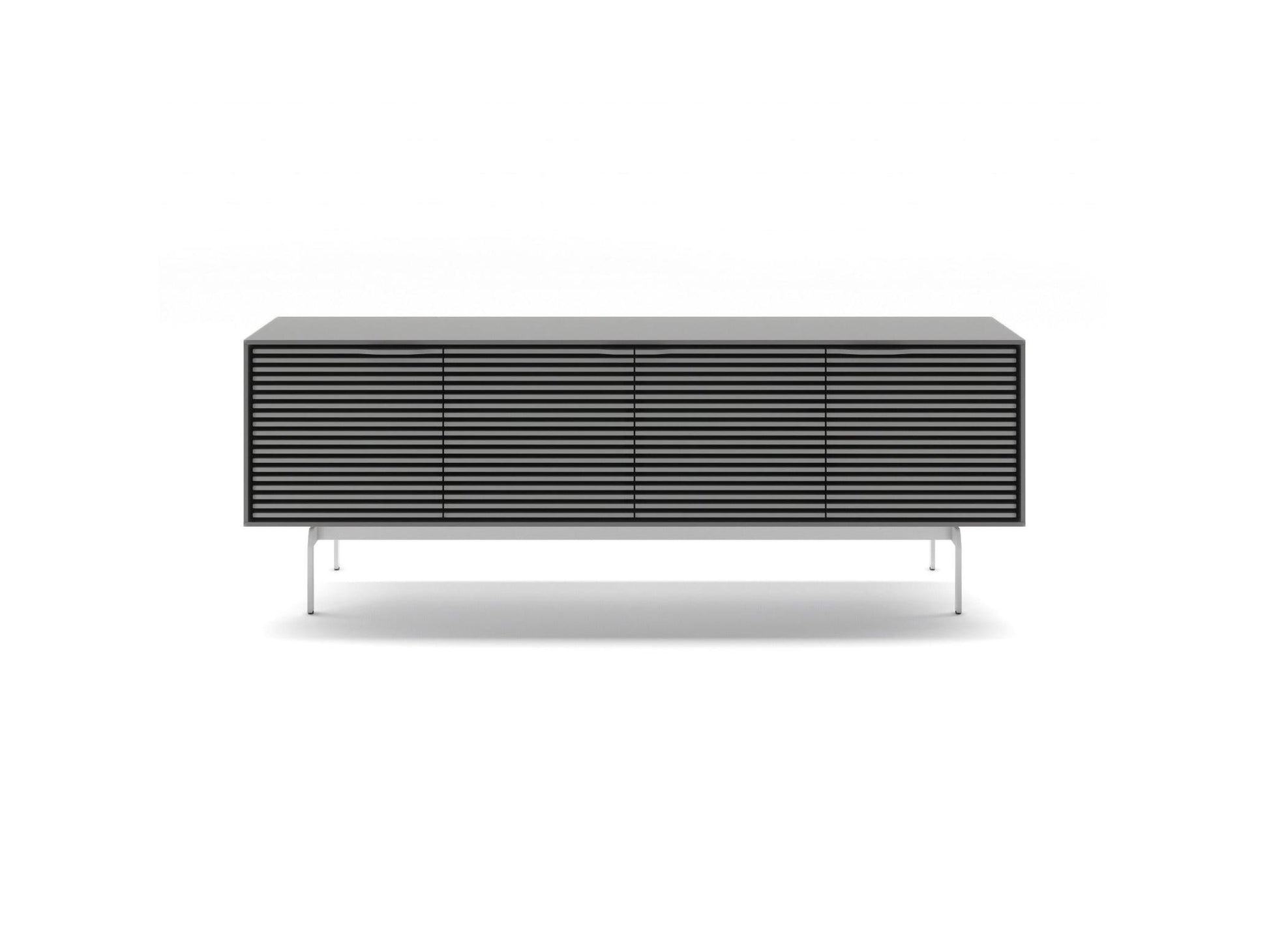 Modern TV stand with horizontal slats on a white background