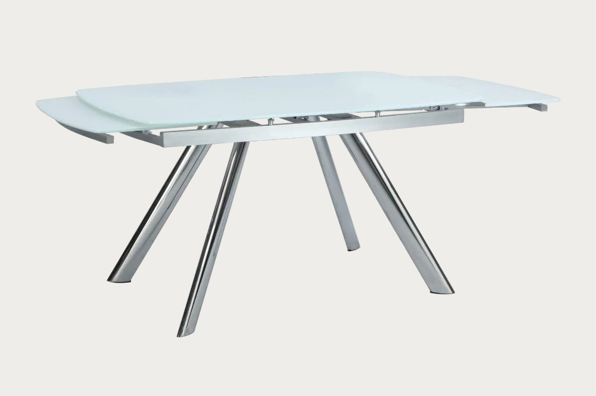 Alina extendable glass-top dining table with metal legs on a white background