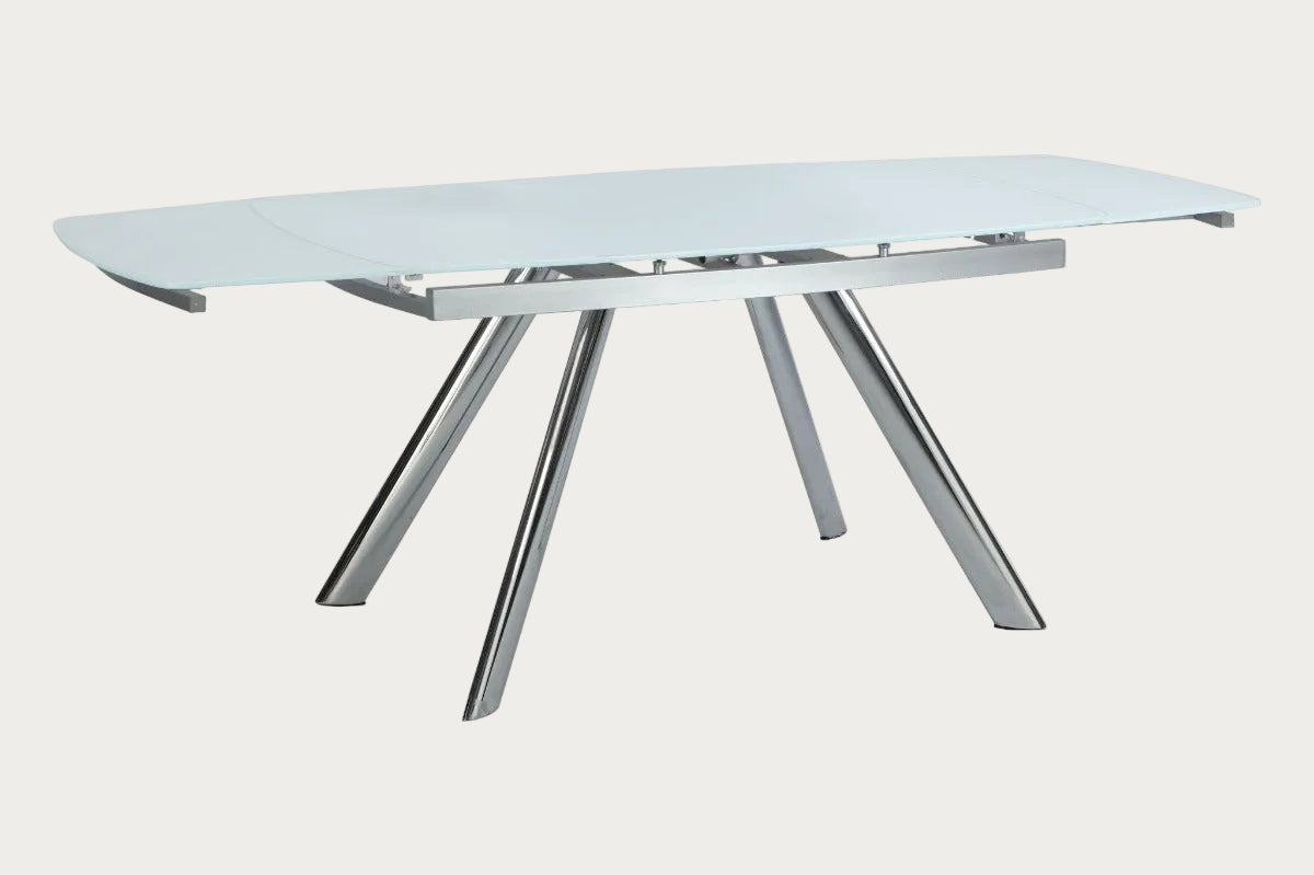 Alina extendable glass-top dining table with metal legs on a white background