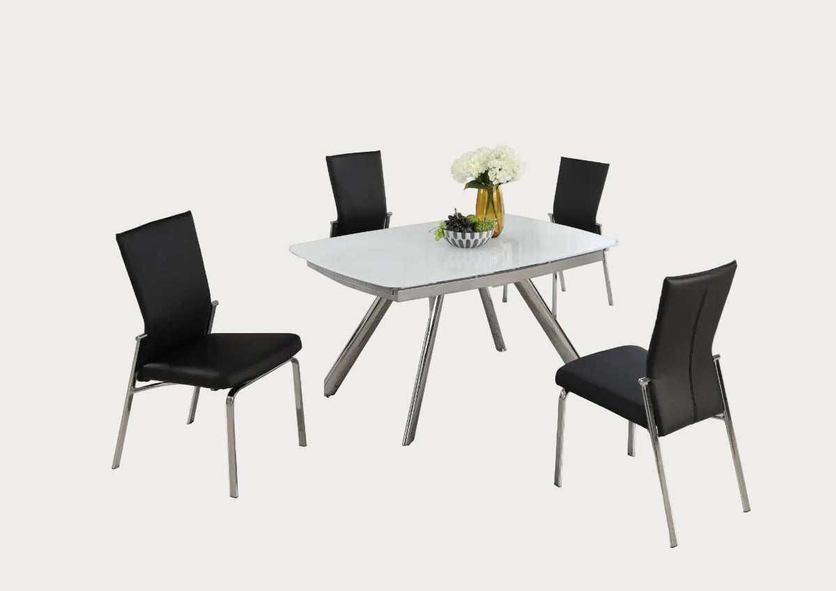 Alina extendable dining table set with four Molly black side chairs on a white background