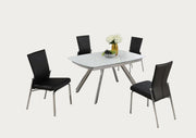 Alina extendable dining table set with four Molly black side chairs on a white background
