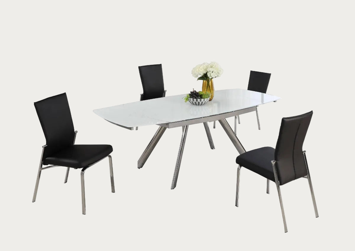 Alina extendable dining table set with four Molly black side chairs on a white background