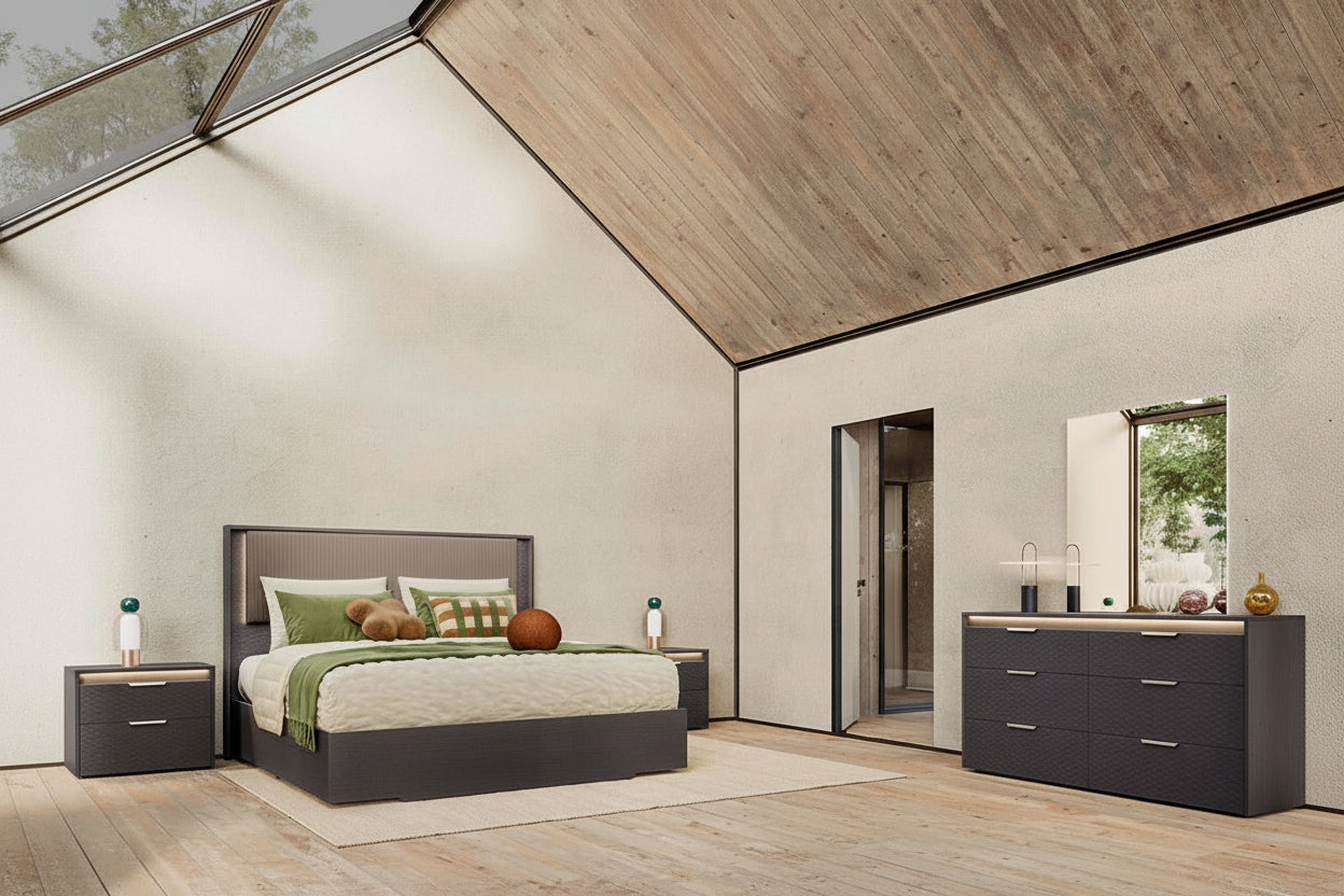 Amy Storage Bedroom Set with LED Lights & Upholstered Headboard