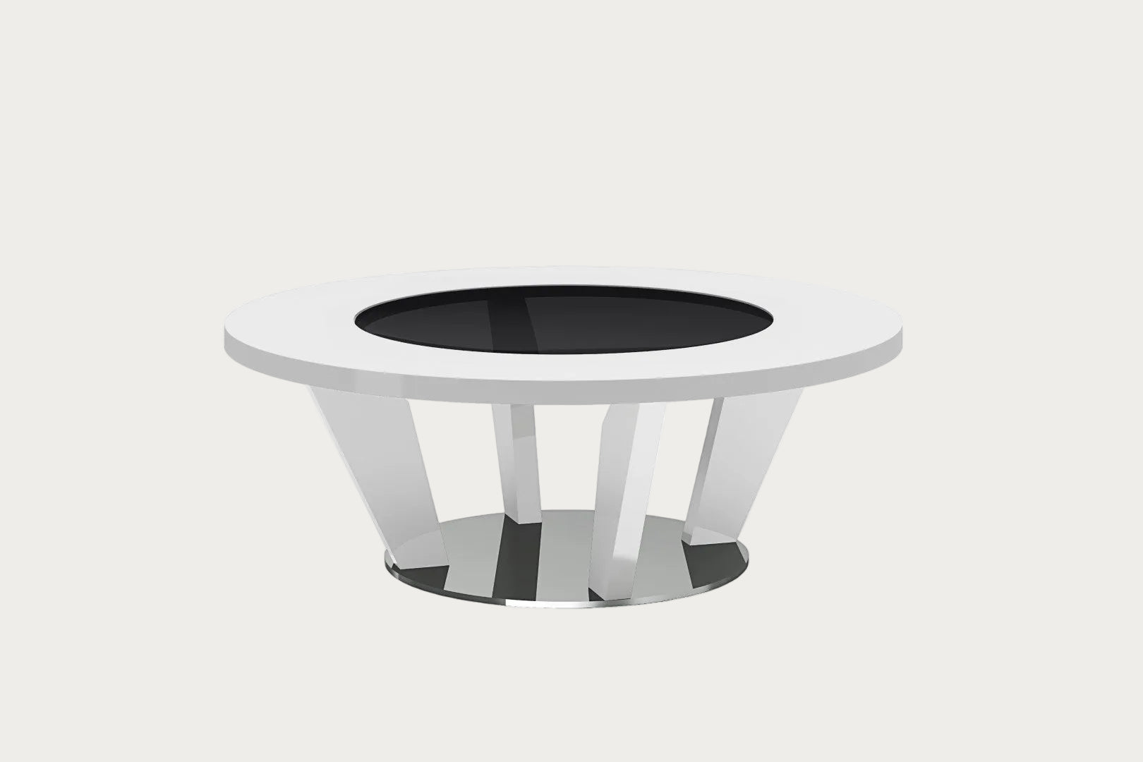Ariana round coffee table with a white base and black glass top on a white background