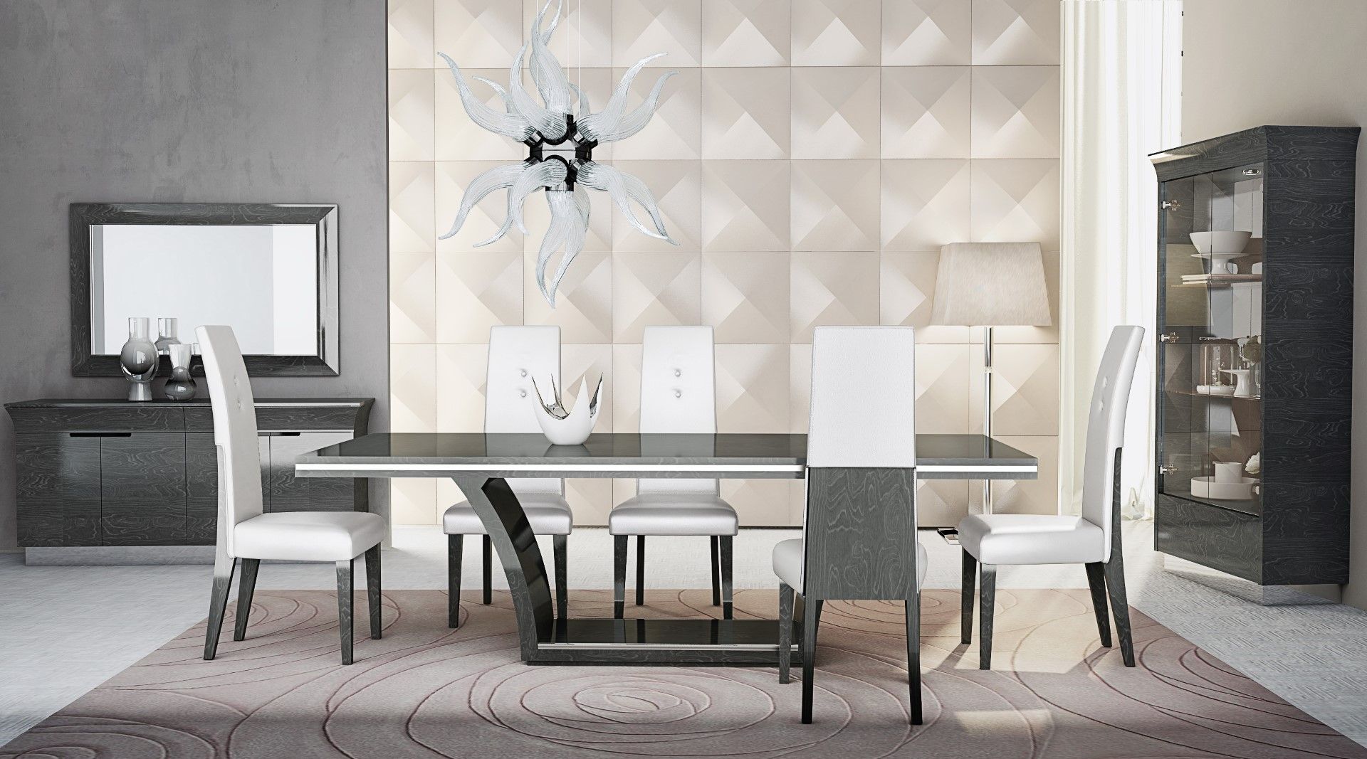 Ariana modern dining room with a glass table and chairs against a decorative wall.
