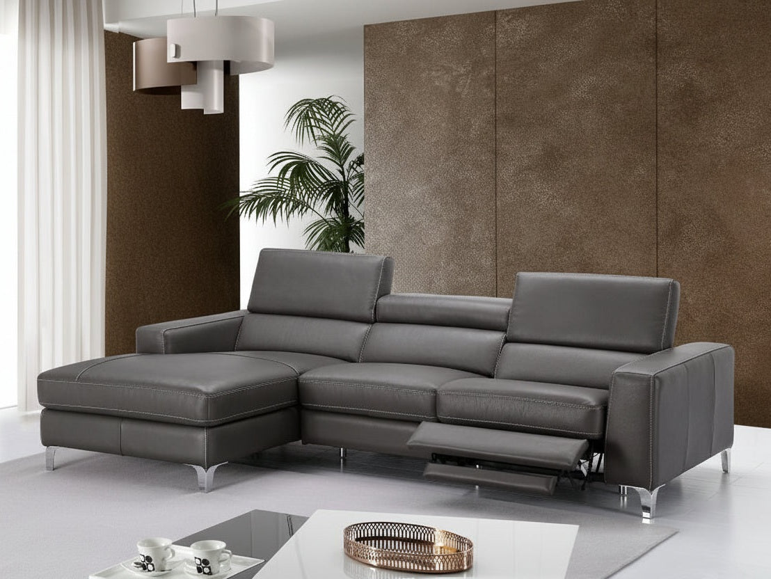 Gray sectional sofa in a modern living room with a brown wall and plant.