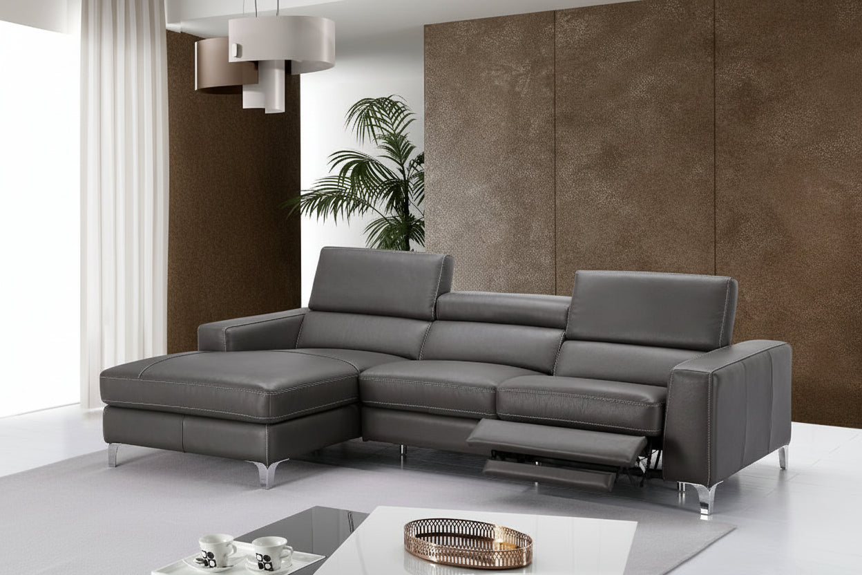 Gray sectional sofa in a modern living room with a brown wall and plant.