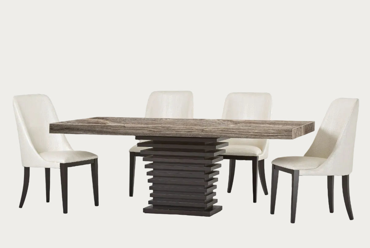 Ark Dining Table with Glam Travertine Finished Top.