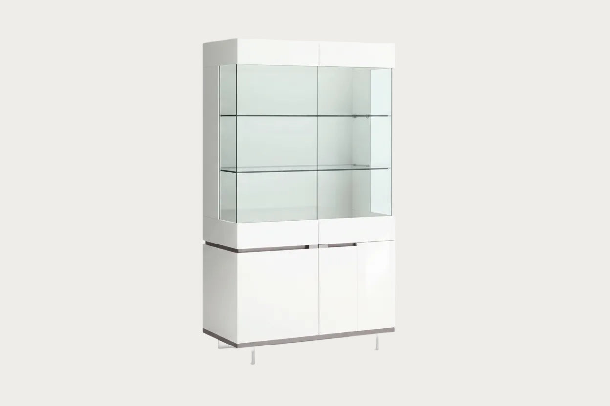 Artemide white display cabinet with glass shelves on a white background