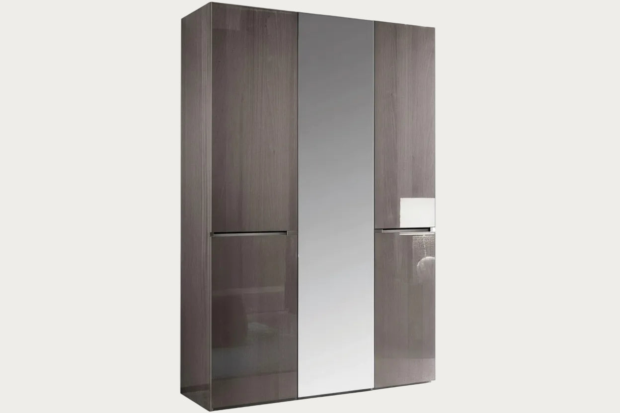 Athena tall wardrobe with wooden finish and mirror panel on a white background.