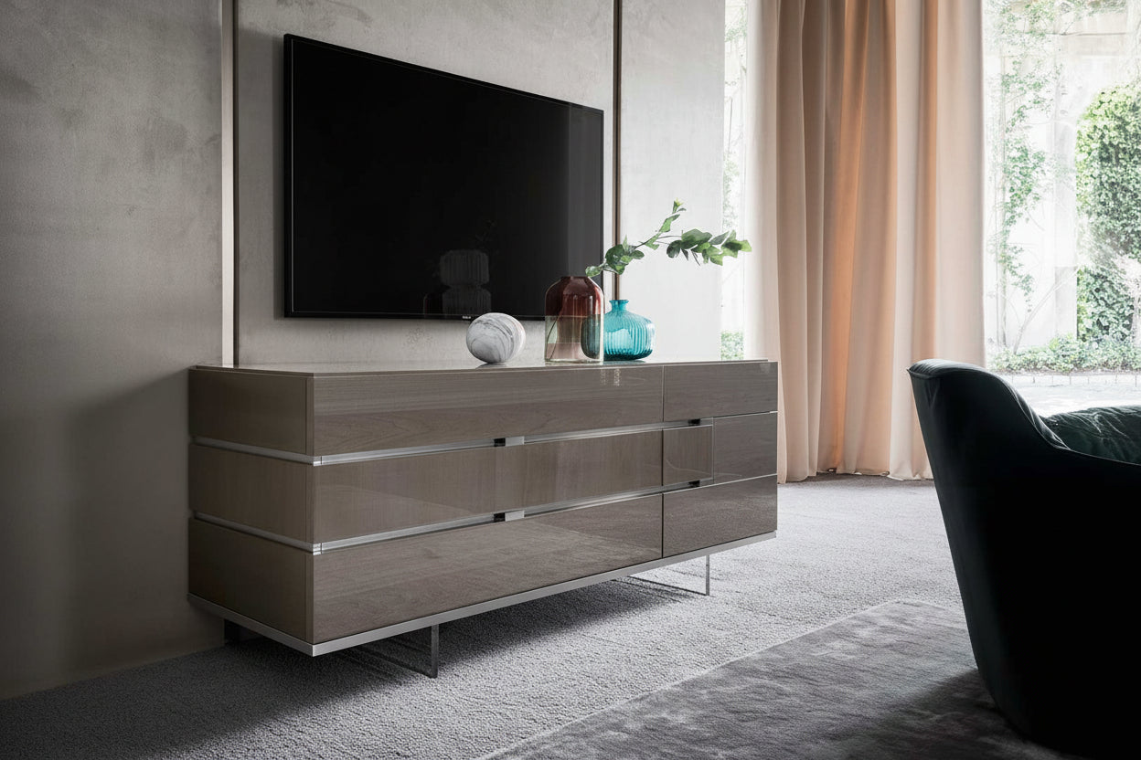 The Athena modern dresser in a living room setting with a television above it.