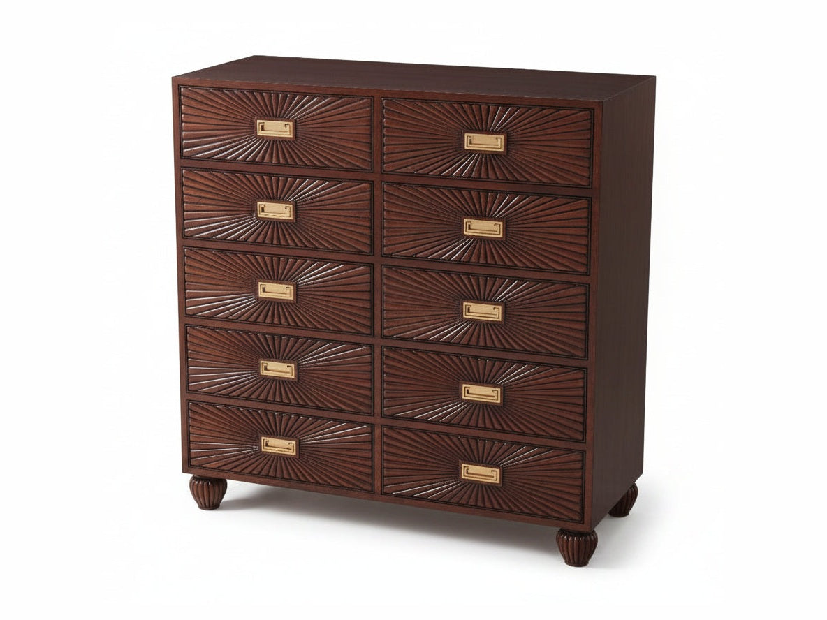 Wooden dresser with decorative drawers on a white background