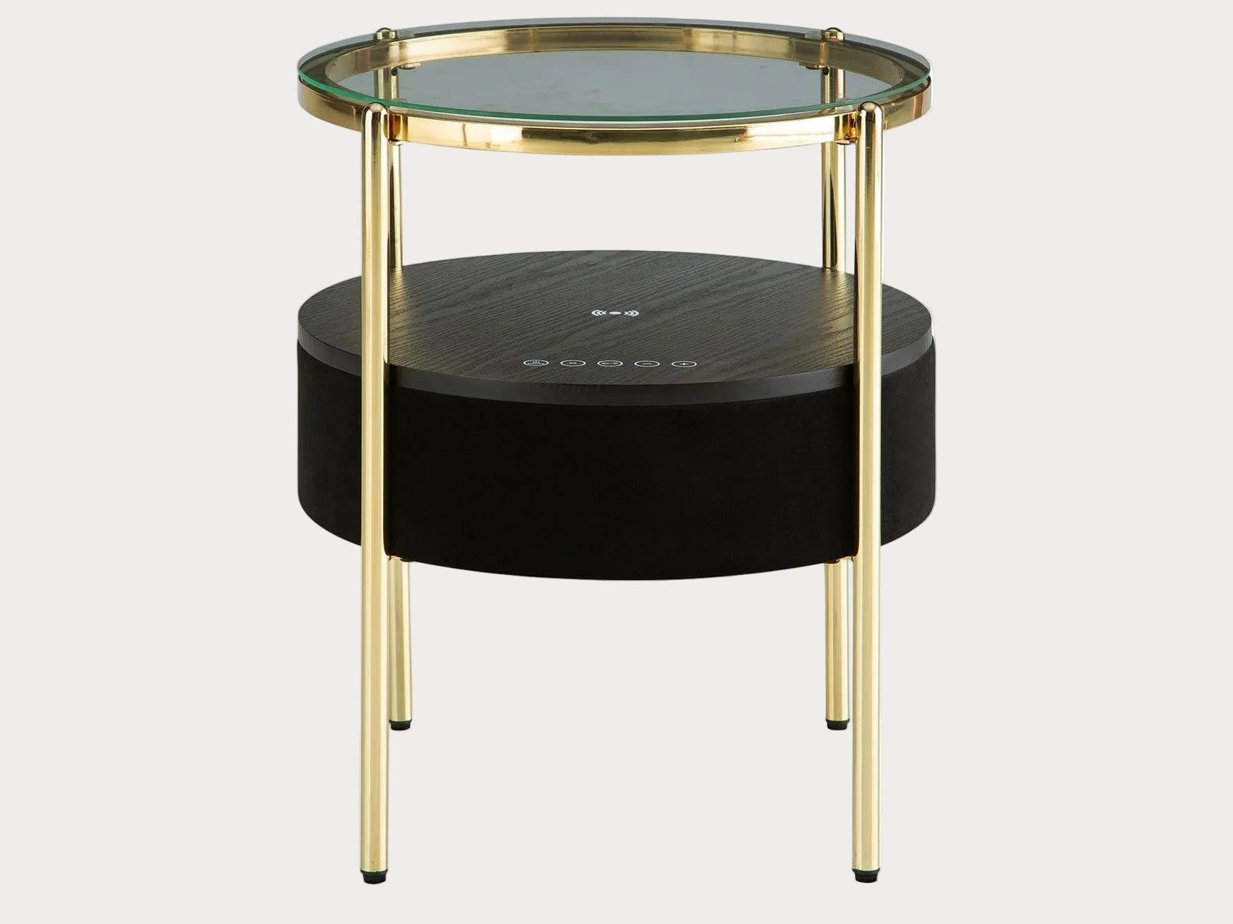 Nedman two-tiered round table with gold legs and glass top on a white background.
