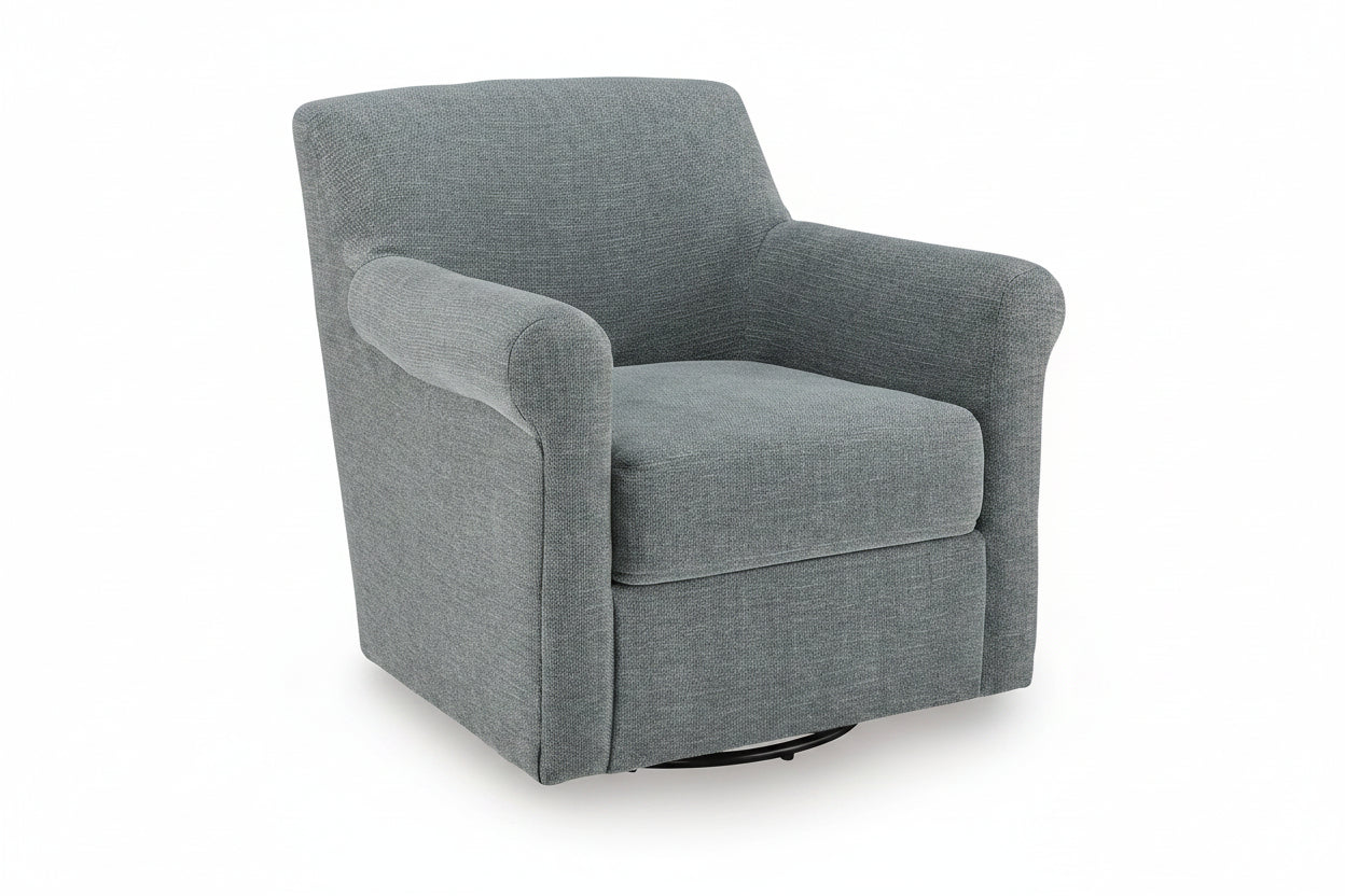 A gray upholstered swivel armchair with a textured fabric, rolled arms, and a high back, shown on a white background.