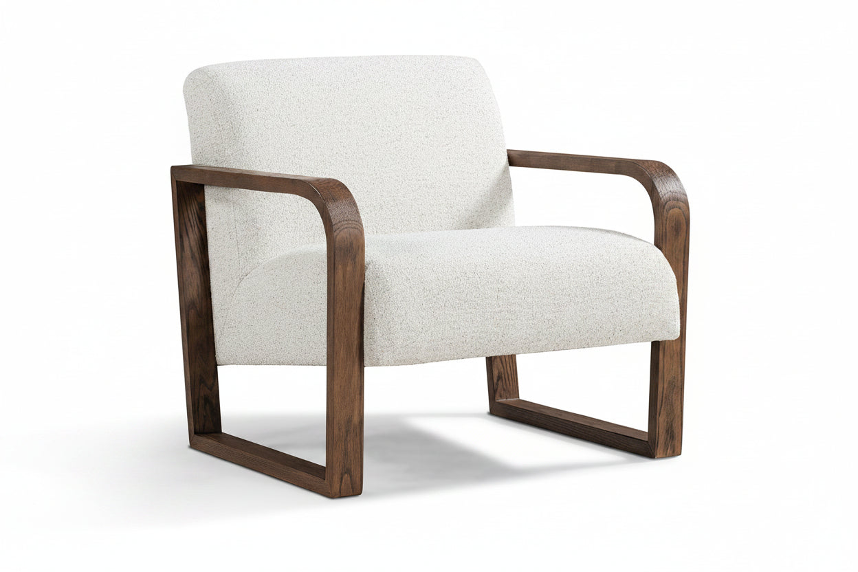 Chair with wooden frame and white cushion on a white background