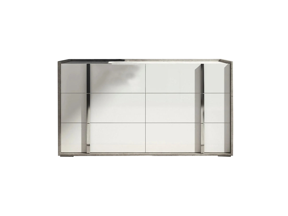 A modern rectangular mirrored cabinet with a silver metallic frame, shown against a plain off-white background.
