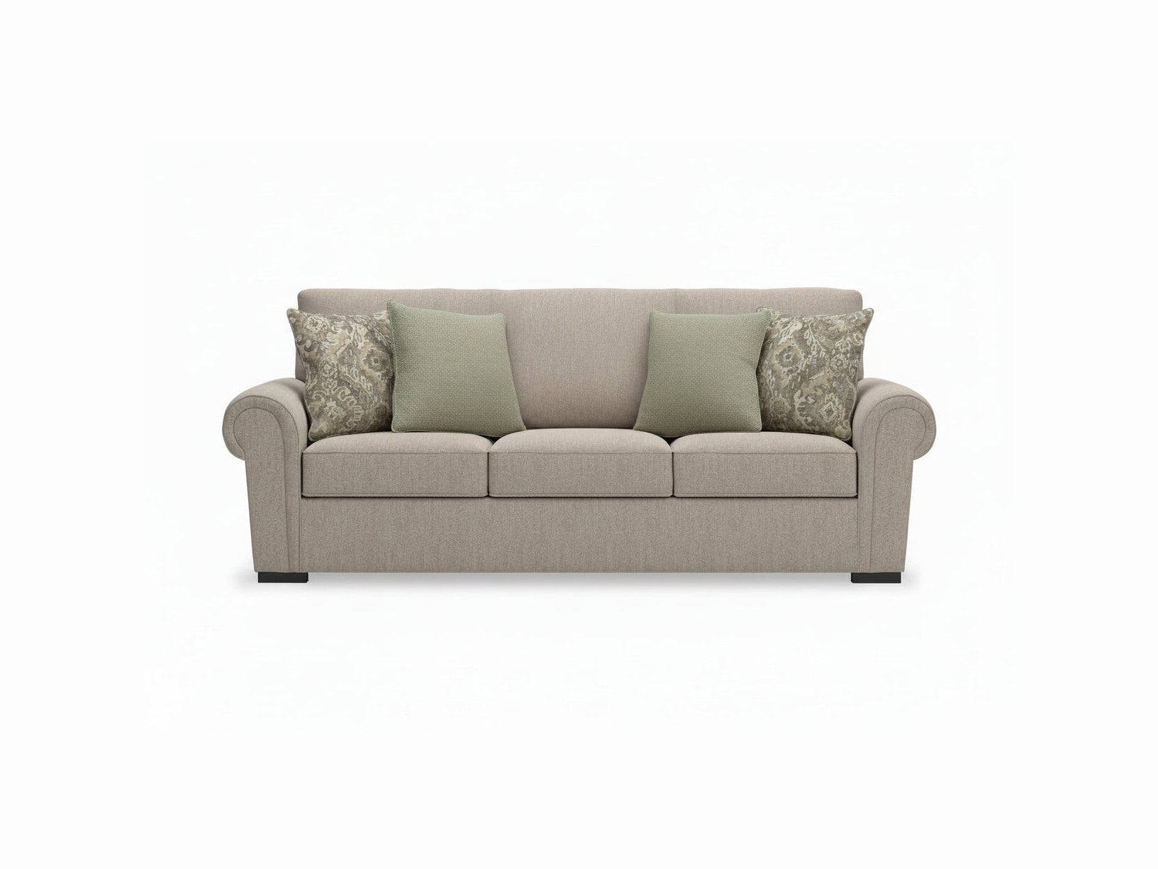 Beige sofa with patterned pillows on a white background