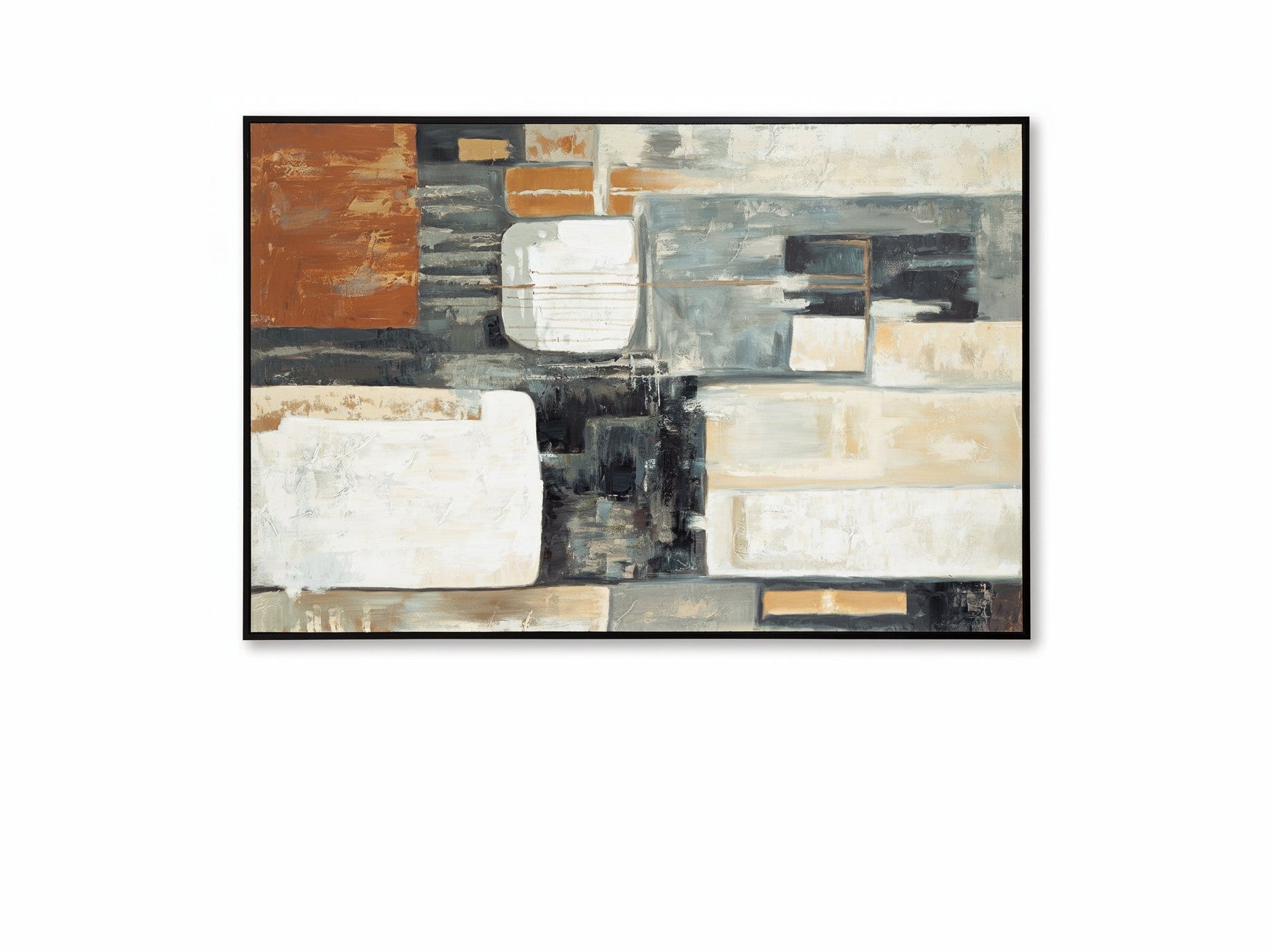 Abstract art piece with geometric shapes in neutral colors on a black background