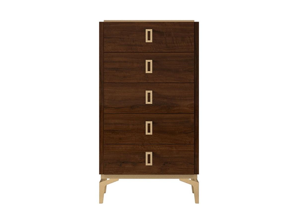 A tall five-drawer chest of drawers in dark brown wood with light gold metal handles and legs, shown against a plain white background.