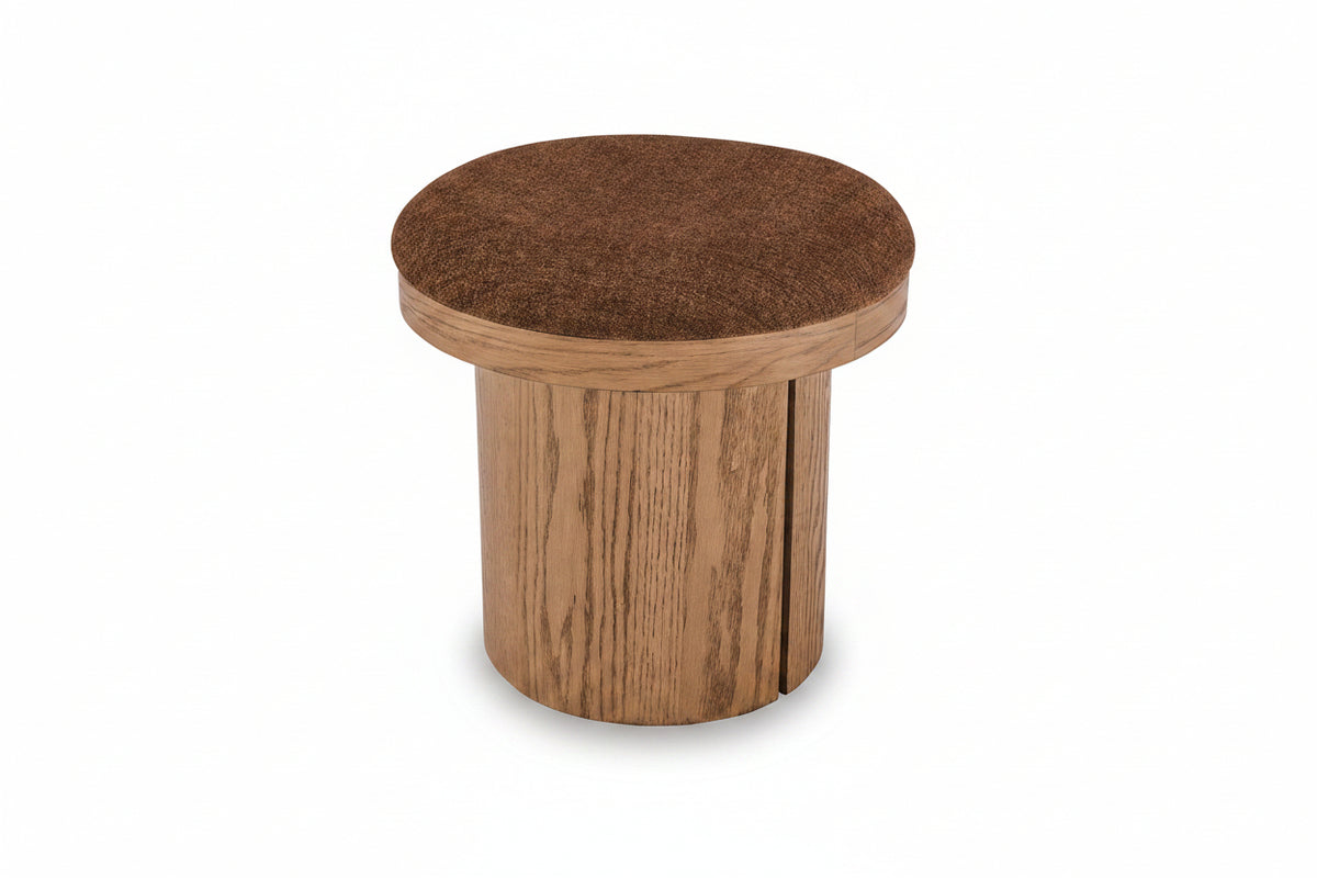 A round wooden side table or stool with a textured brown fabric-covered top and a natural oak wood grain base, shown on a white background.