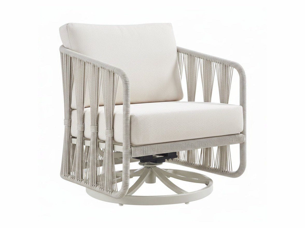 White wicker swivel chair with beige cushions on a white background
