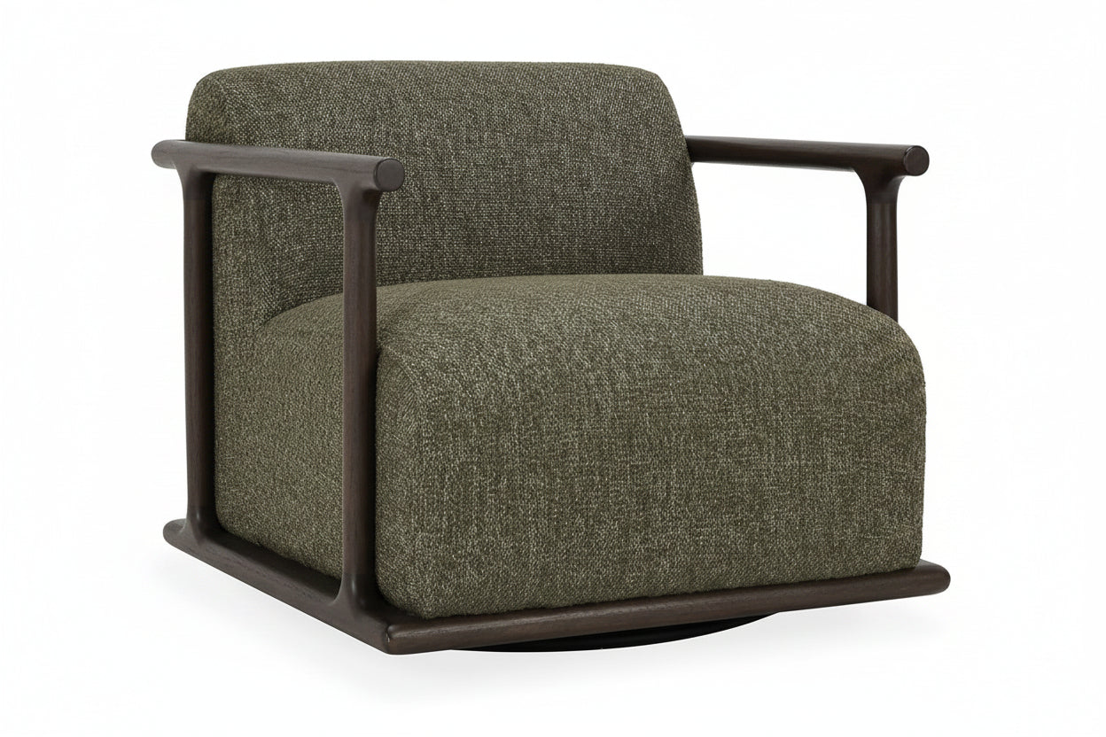 Green upholstered chair with dark wood frame on a white background