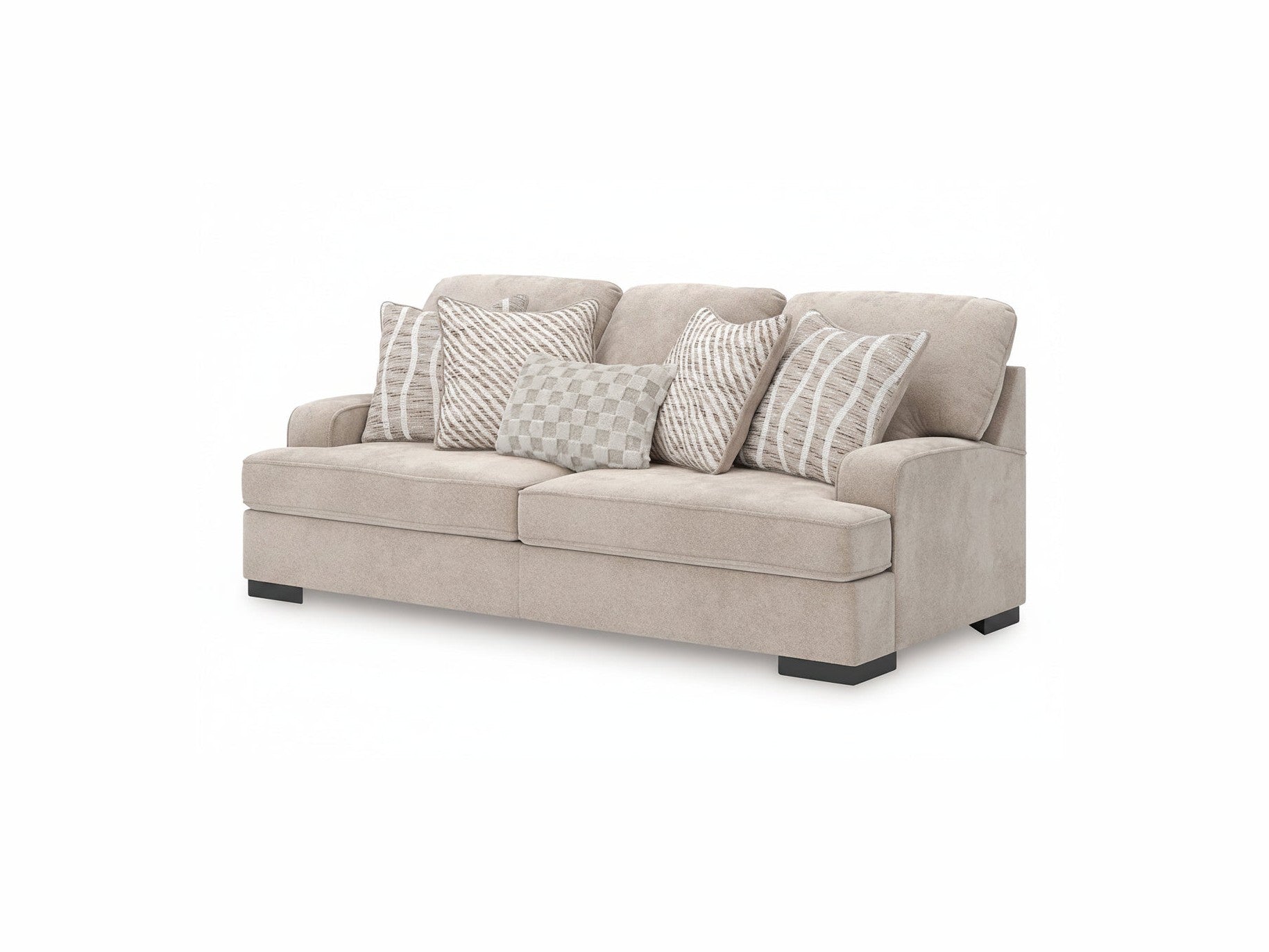 Beige sofa with patterned cushions on a white background