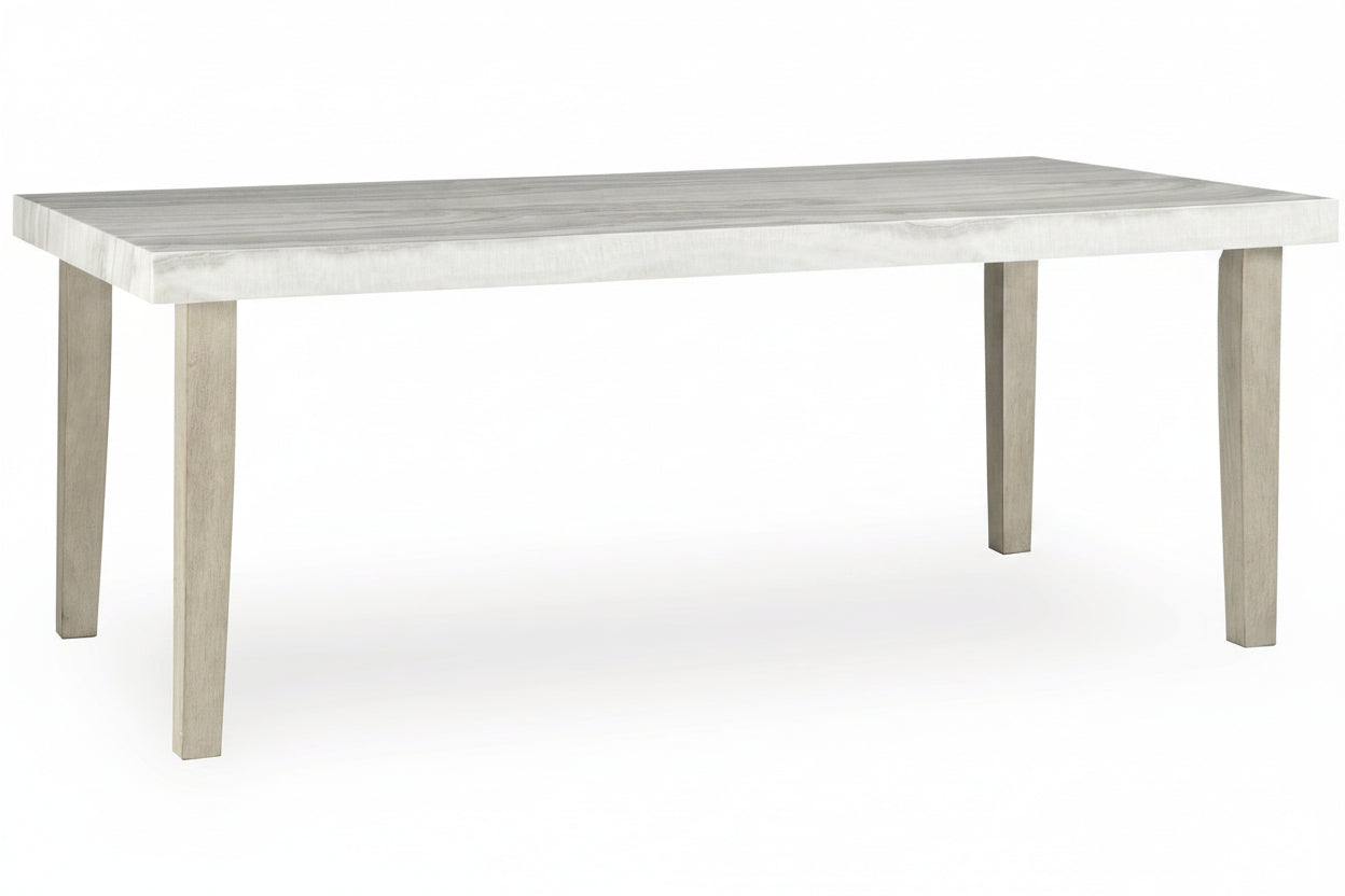White dining table with light gray legs on a white background