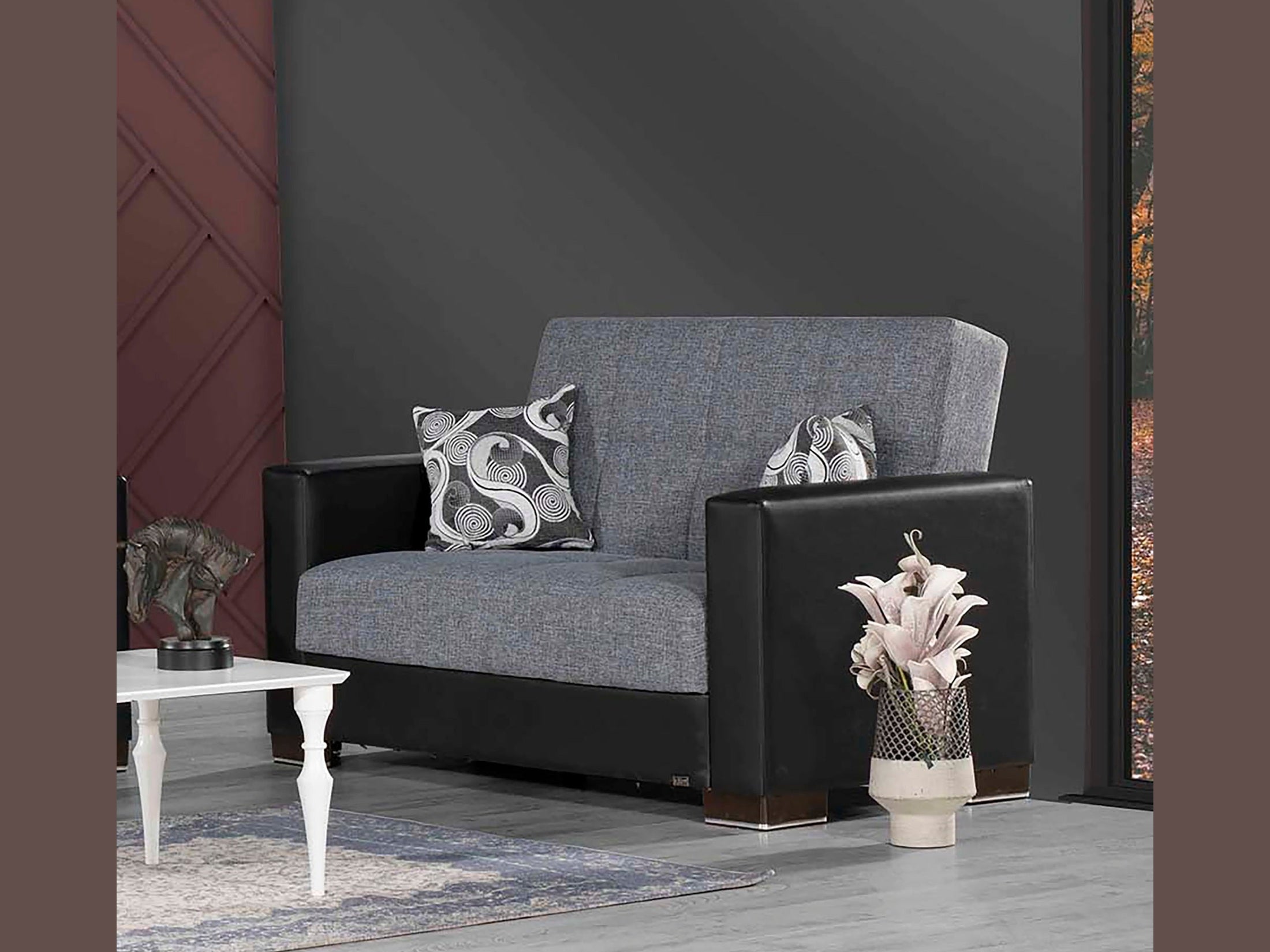 Ottomanson Armada - Upholstered Convertible Loveseat With Storage - Gray/Black PU Polyester