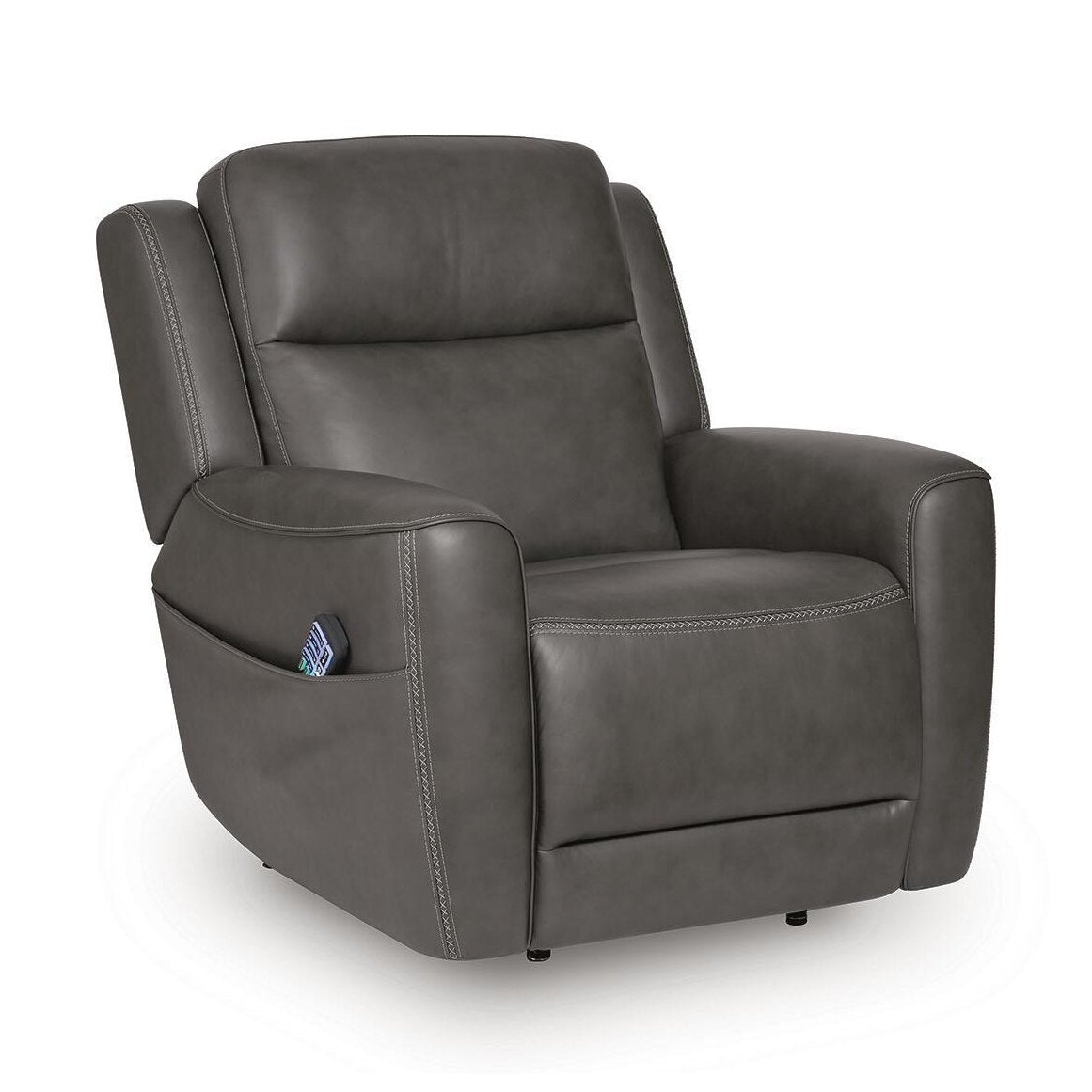 A dark gray upholstered recliner chair with a side pocket holding a remote, shown on a clean white background.
