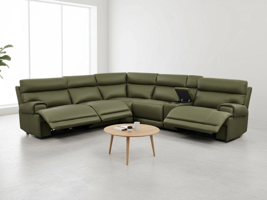 Baron sectional sofa upholstered with olive green leather in a room scene.