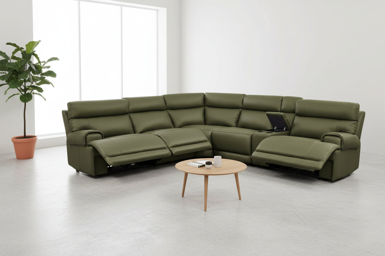 Baron sectional sofa upholstered with olive green leather in a room scene.