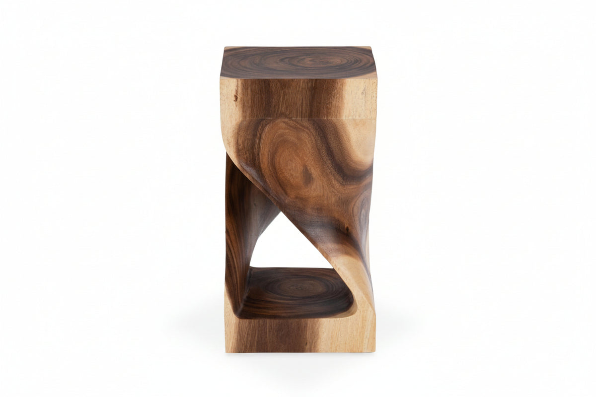 Wooden stool with a natural grain pattern on a white background