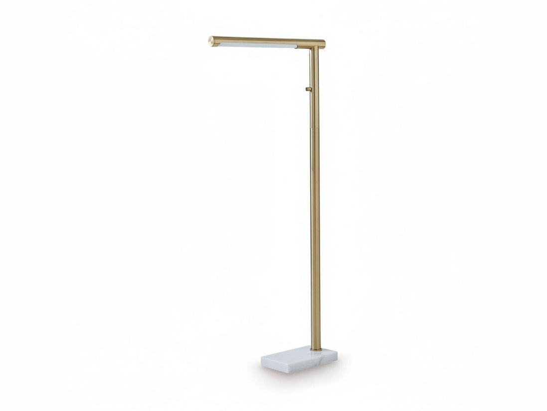 Santiford gold standing lamp with a white base on a white background.