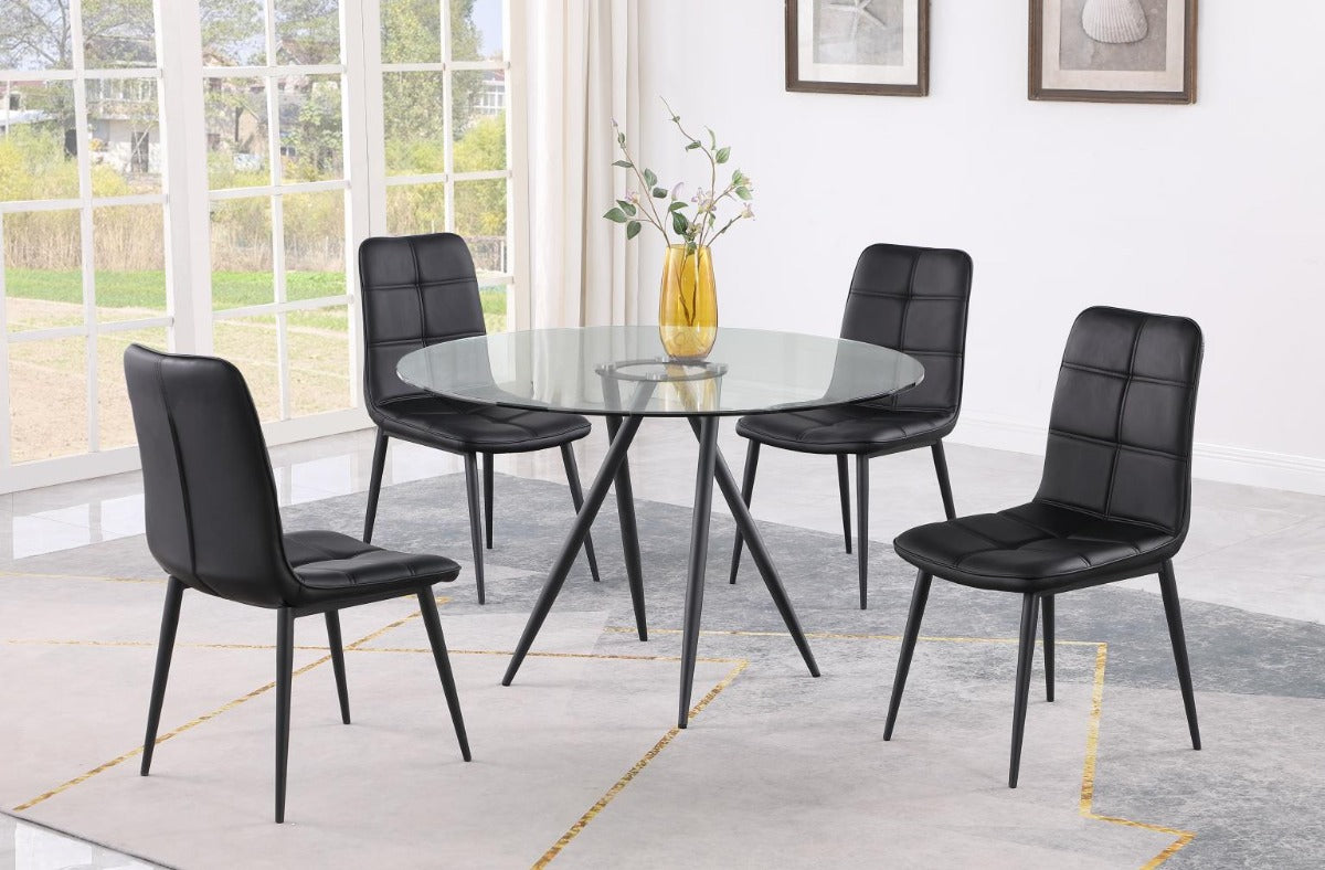 Beatriz Round Glass Top Dining Table with Black Crisscross Four-legged Steel Base