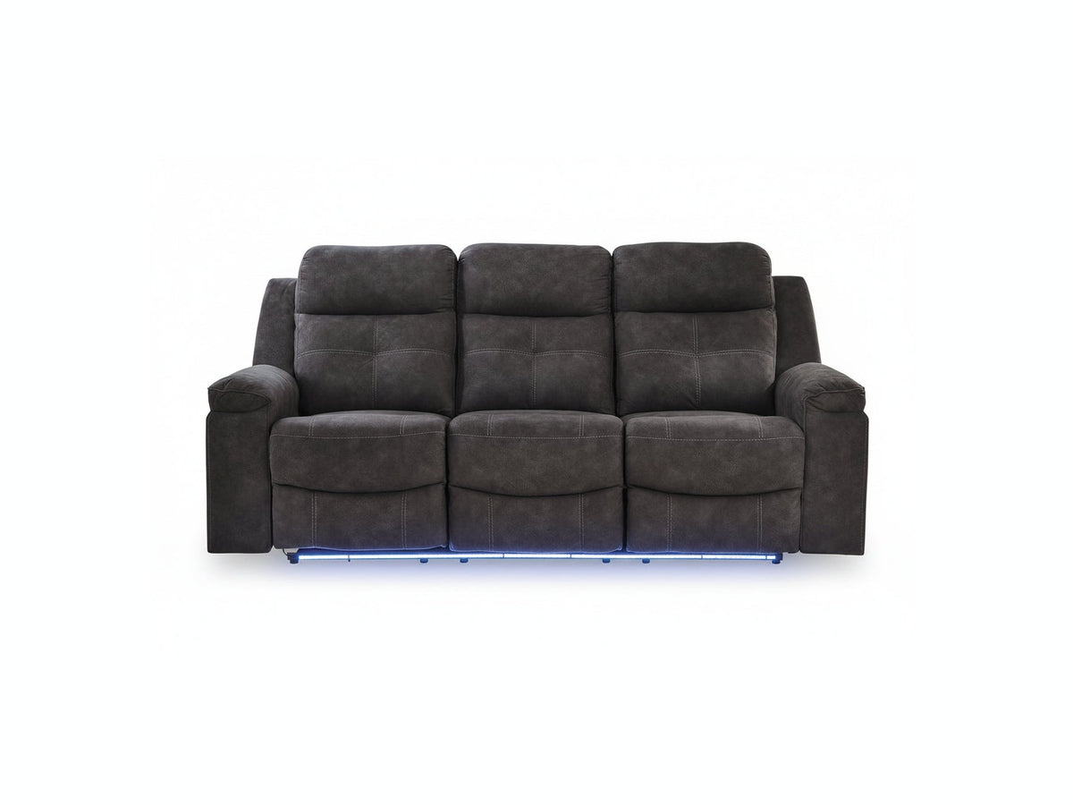 Gray reclining sofa with LED lighting on a white background