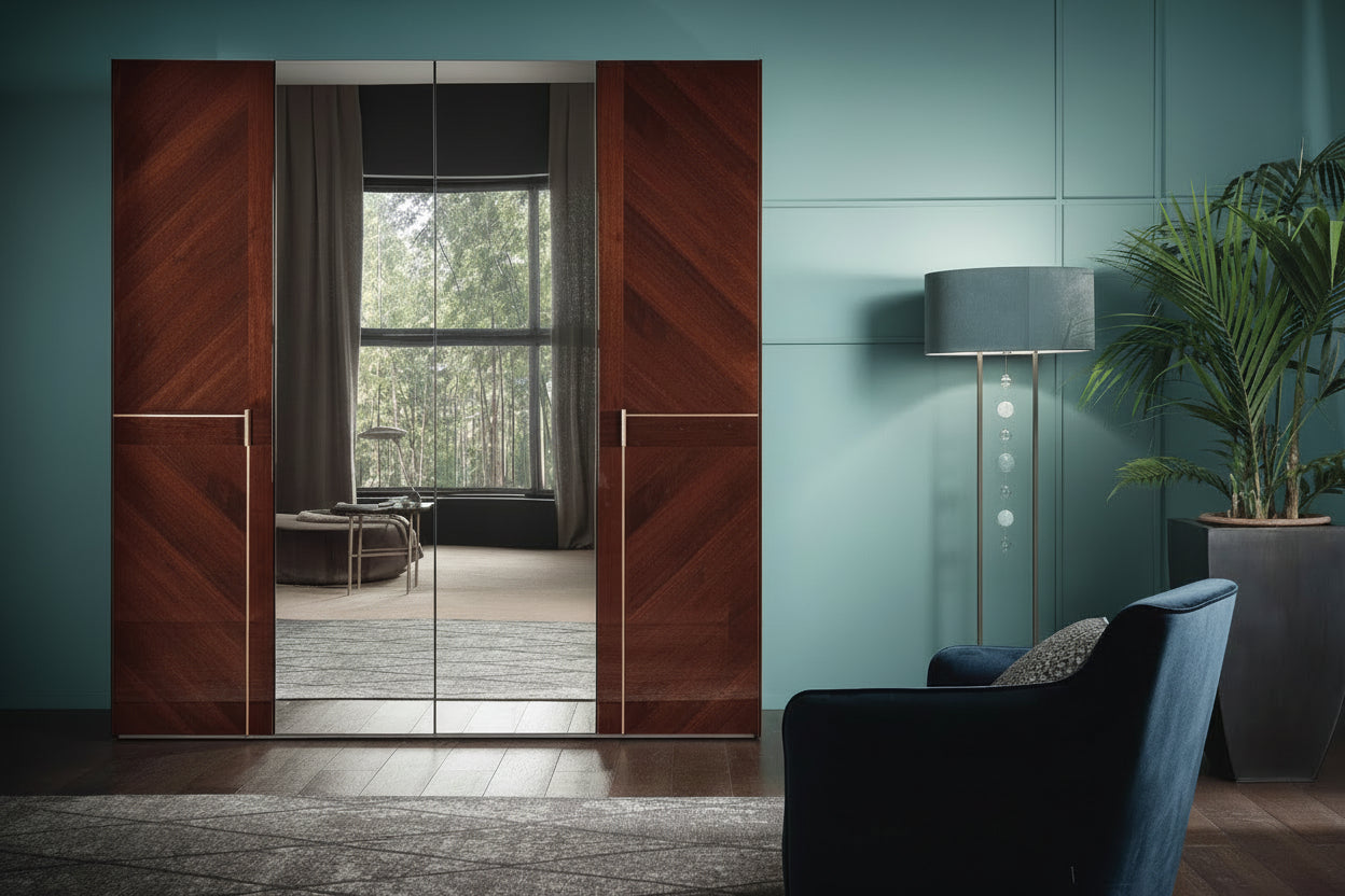 Ballagio is modern with wooden doors, a blue chair, and a plant.