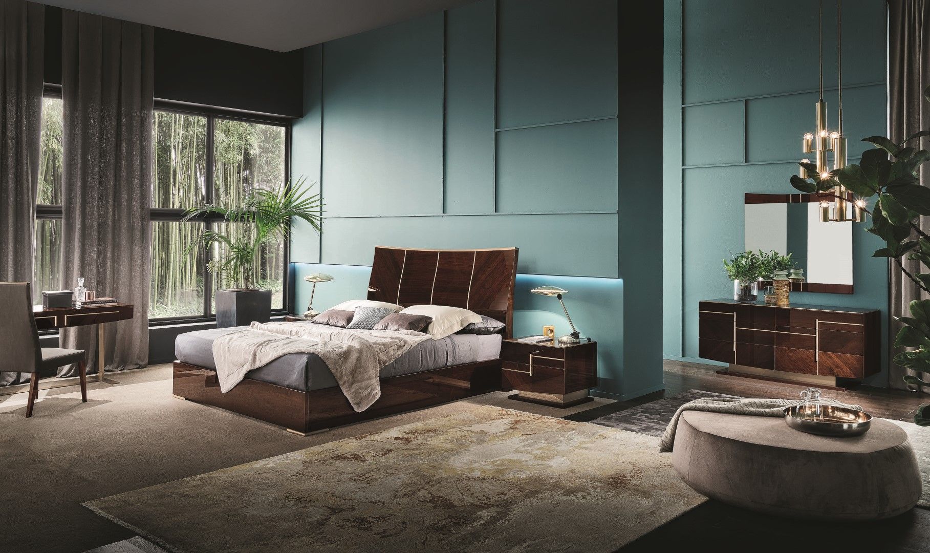 Bellagio modern bedroom with teal walls, wooden furniture, and decorative elements.