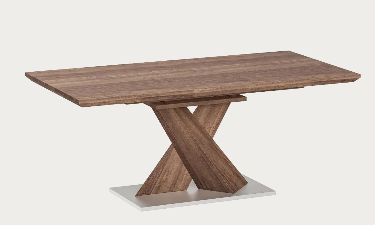 Bethany wooden dining table with a unique X-shaped base on a white background
