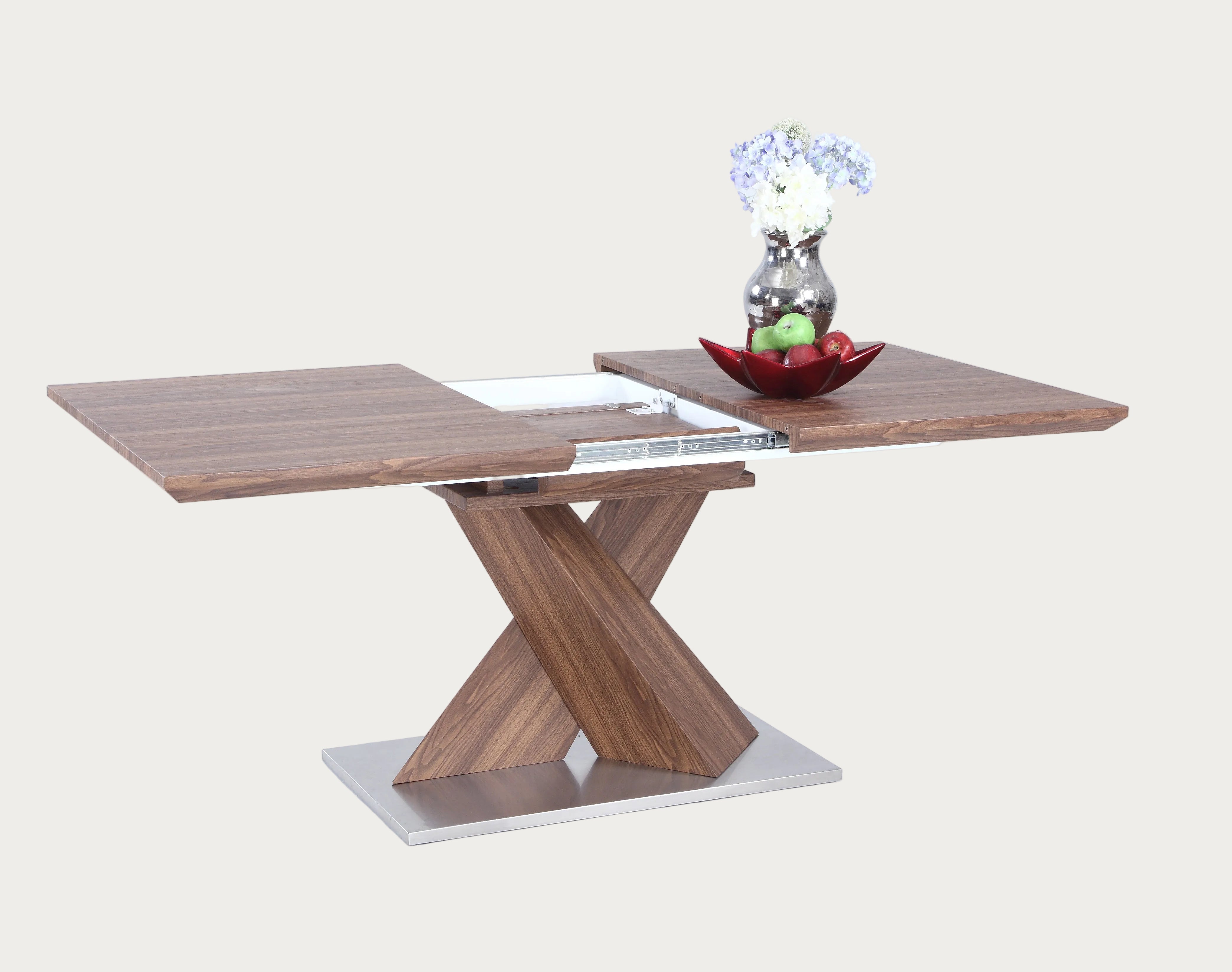 Bethany wooden dining table with a decorative bowl on a white background