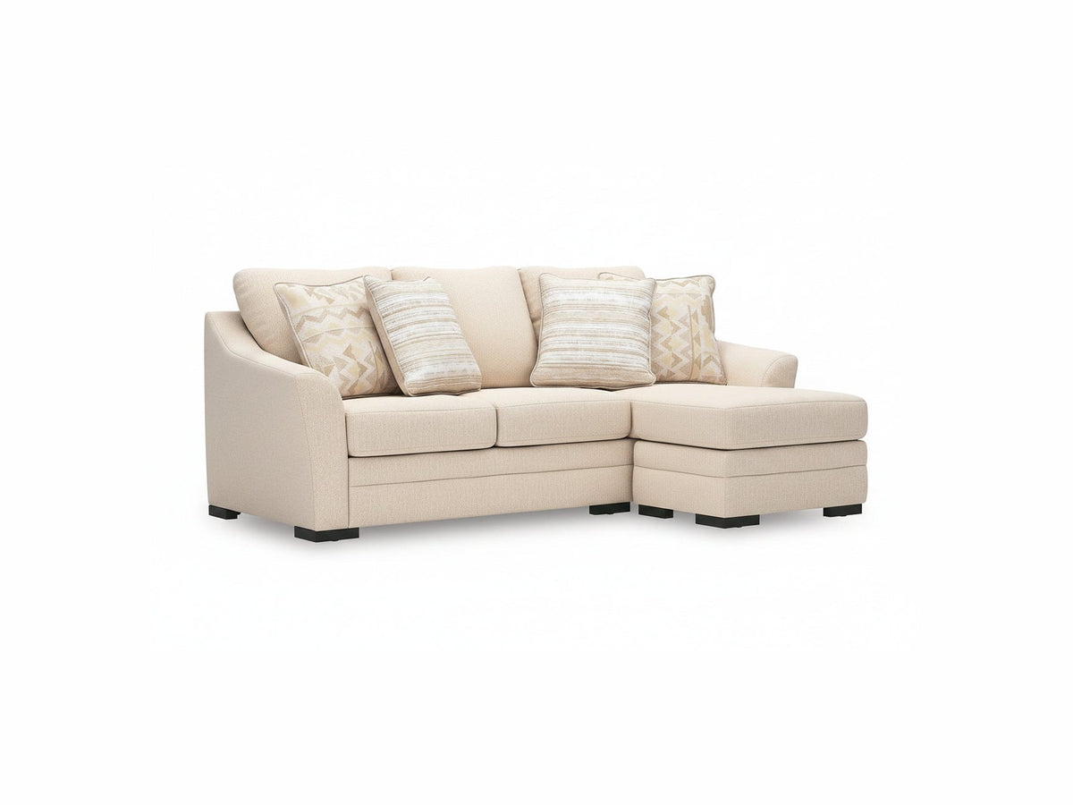 Lango beige sectional sofa with patterned cushions on a white background.