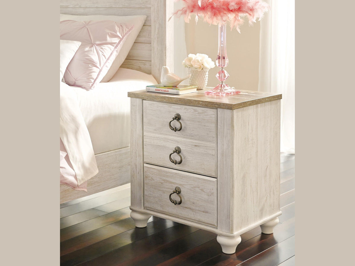 Willowton - Two Drawer Night Stand - Brown / Beige / White