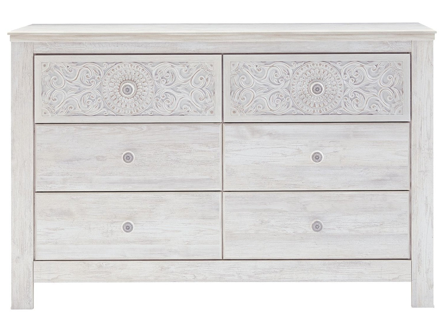 Paxberry - Six Drawer Dresser - Medallion Drawer Pulls - Whitewash