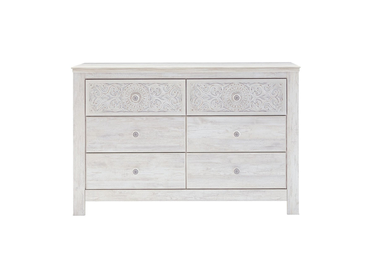Paxberry - Six Drawer Dresser - Medallion Drawer Pulls - Whitewash