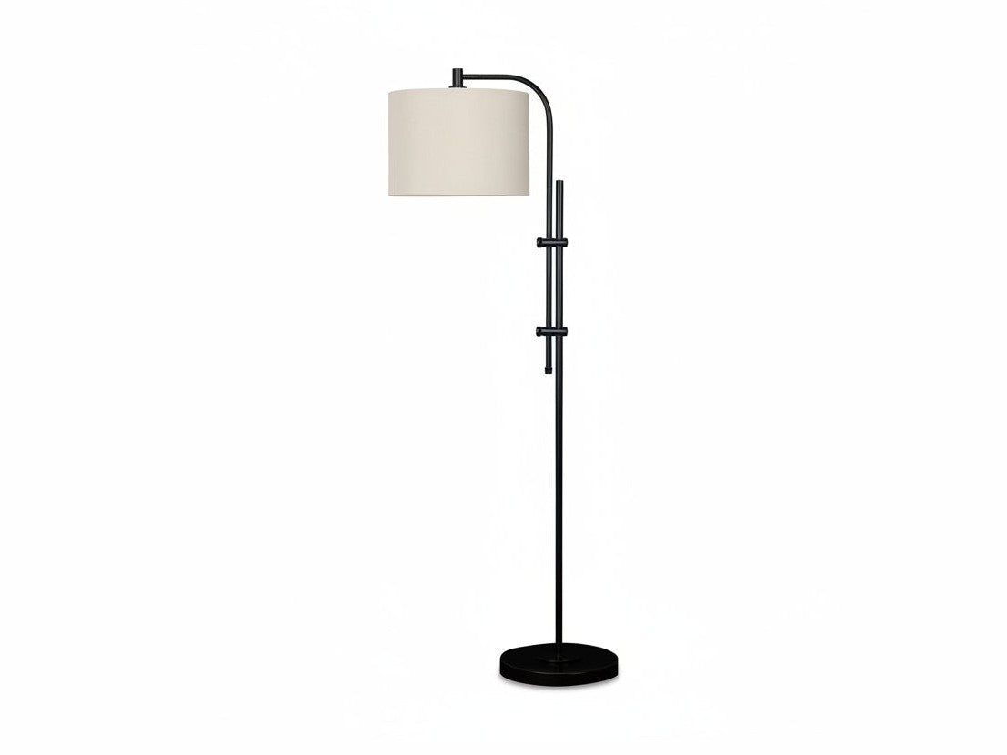 Baronvale floor lamp with a black metal base and white lampshade on a white background.