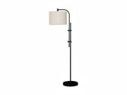 Baronvale floor lamp with a black metal base and white lampshade on a white background.
