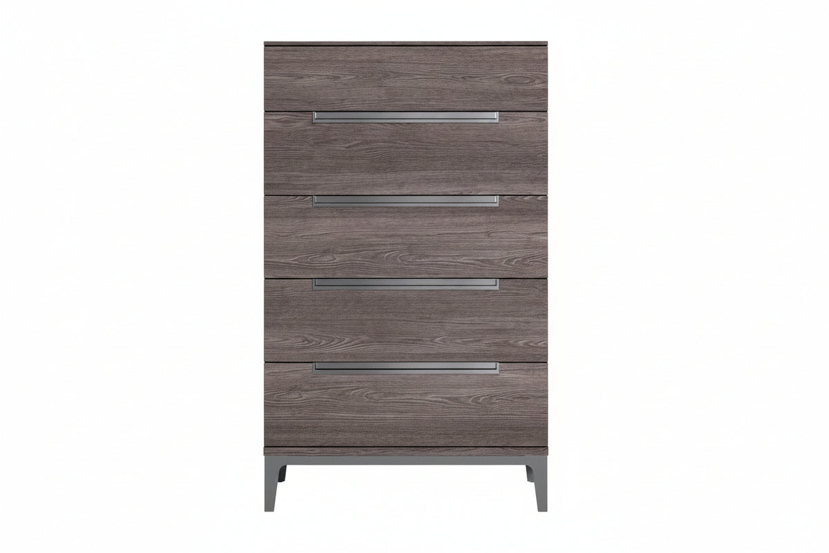 A four-drawer chest of drawers with a gray-brown wood grain finish and slim horizontal metal handles, shown against a plain white background.